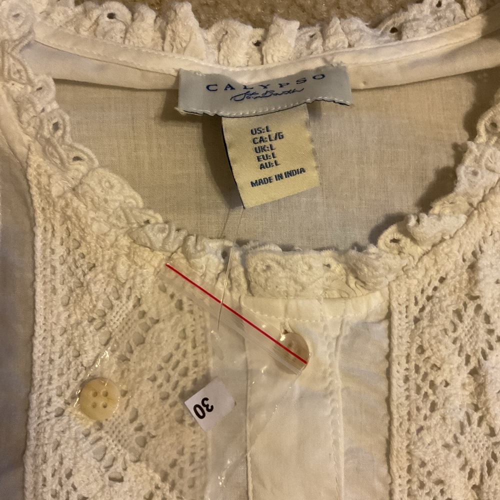 Calypso St Barth White Pintuck Pleat 100% Cotton Lace Peasant Blouse Top Size L - Picture 7 of 14